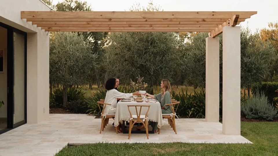 An outdoor dining space from The Outside Room, a fictional concept film